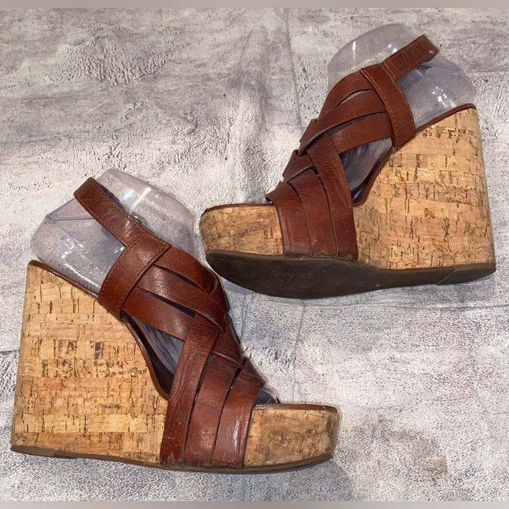 WORN 10x Tory Burch Ace Gladiator Wedges Heel Sandals Strappy 8.5 Leather Cork - Picture 3 of 9